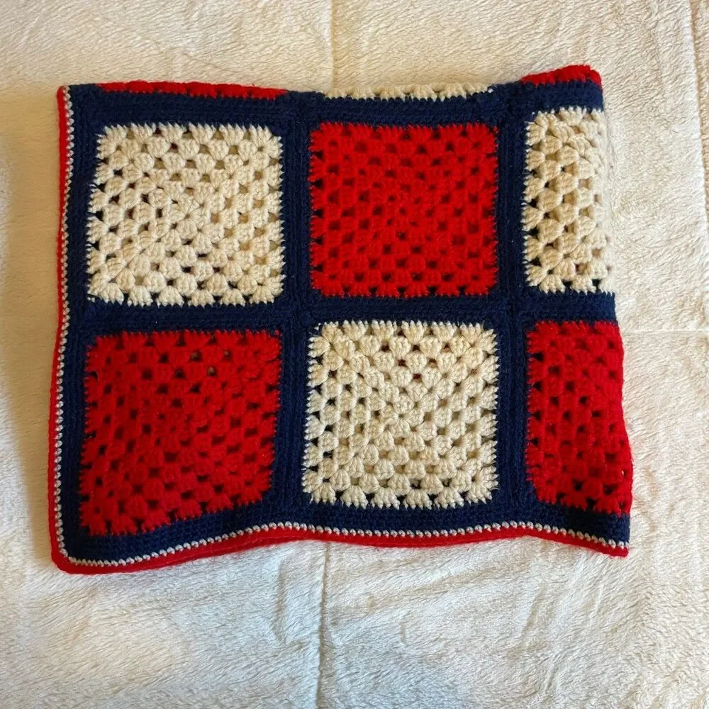 Handmade Crocheted Granny Square Afghan Throw Lap Blanket Red Cream Blue 55x41”